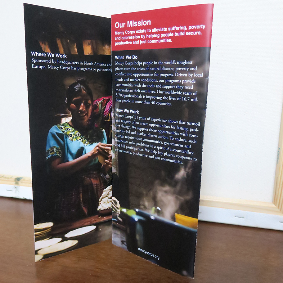 The trifold brochure opened partially.